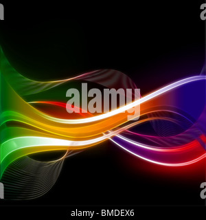 Leuchtende Neon-Wellen und wirbelt auf schwarzem Hintergrund Stockfoto