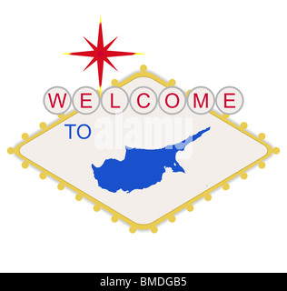 Willkommen Sie auf Zypern-Zeichen im Stil des berühmten Las Vegas Schild, isoliert auf weißem Hintergrund. Stockfoto