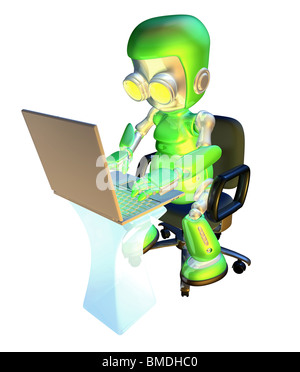 Eine grüne Roboter Maskottchen 3D-Illustration eines niedlichen grünen Roboter-Zeichens sitzen in einem Bürostuhl mit einem pc Laptop am Schreibtisch Stockfoto