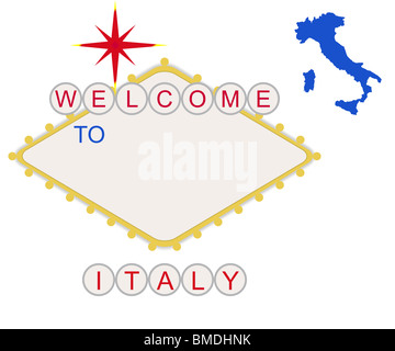 Willkommen Sie in Italien im Stil der fabelhaften Las Vegas Schild mit Karte und Text, isoliert auf weißem Hintergrund. Stockfoto