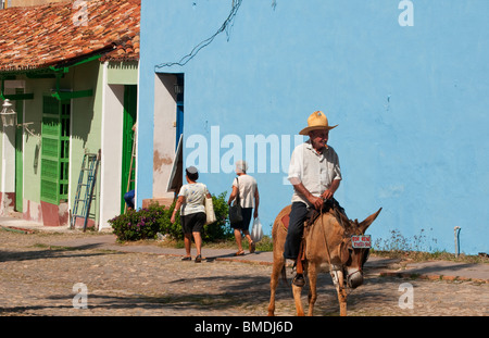 Alter Mann Reiten Esel auf gepflasterten Straßen von Trinidad Kuba Stockfoto
