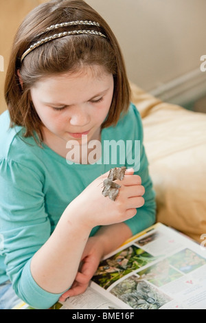 Junges Mädchen hält eine Pappel-Hawk-Moth und forschen Motten mit einem Buch auf dem Schoß in ihrem Wohnzimmer Stockfoto