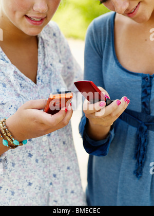 Junge Frauen halten Handys Stockfoto