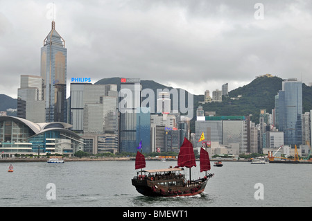 AQU Luna touristischen Junk, Segeln in Richtung der Wolkenkratzer von Central Hong Kong gesehen von Tsim Sha Tsui Promenade, Hong Kong Stockfoto