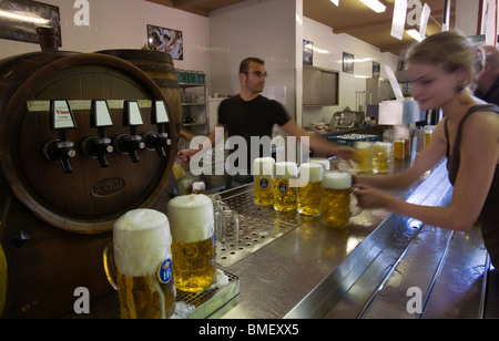 Eine junge Frau, die Kommissionierung Bierkrüge im Zähler die empfehlenswerte, einen traditionellen Biergarten. München, Deutschland Stockfoto