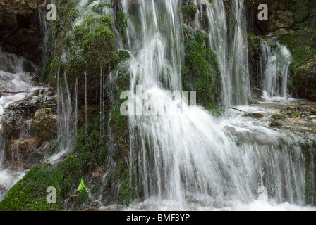 Kaskadierung über Moos bedeckt Felsen Quellwasser Stockfoto