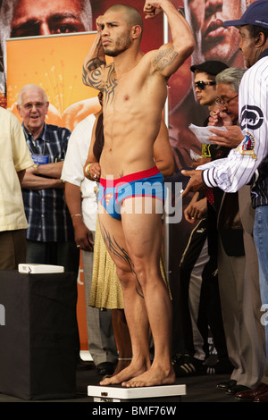 Boxer Miguel Cotto, Puerto-Ricanischer Boxer Superweltergewicht wiegen Yankee Stadium, wo er Yuri Foreman Juni 5 201 kämpfen Stockfoto