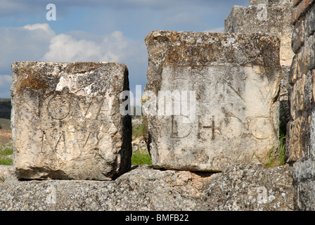 lateinische Inschrift gemeißelt in Stein, römischen Ruinen von Segobriga, in der Nähe von Saelices, Provinz Cuenca, Kastilien-La Mancha, Spanien Stockfoto