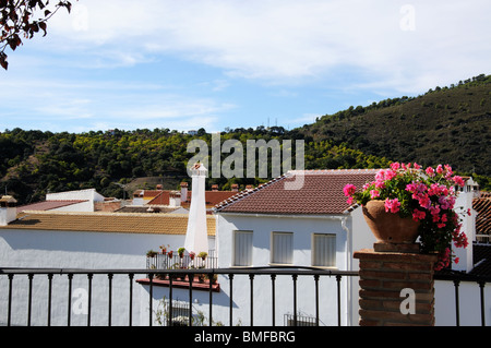 Blick über Dächer, weiß getünchten Dorf (Pueblo blanco), Juzcar, Serrania de Ronda, Andalusien, Spanien, Europa. Stockfoto