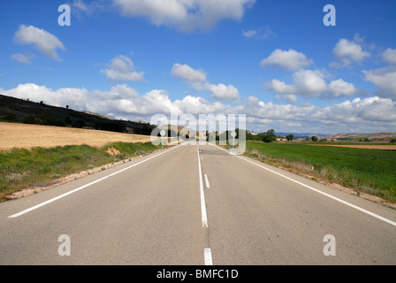 Straße durch Weizenfelder von La Mancha, in der Nähe von Huete Cuenca Provinz Kastilien-La Mancha, Spanien Stockfoto