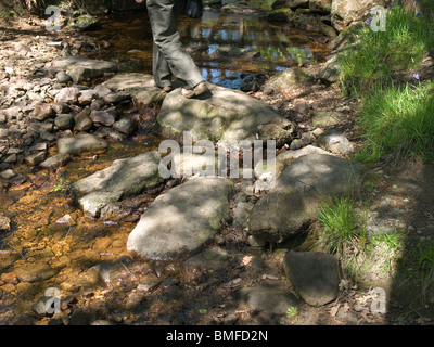 Eine Frau geht über einfache Rock Trittsteine über einen kleinen Bach oder Beck in der North Yorkshire Moors Nationalpark Stockfoto