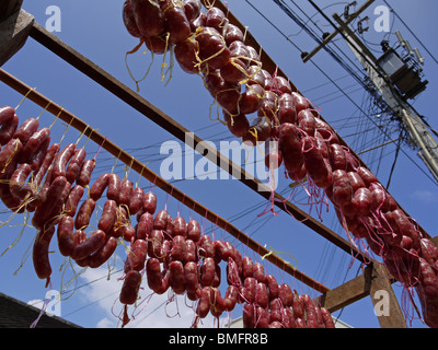 Frische hausgemachte Würste Aushärtung unter der heißen Sonne auf der Straße von Luang Prabang, Nothern Laos Stockfoto