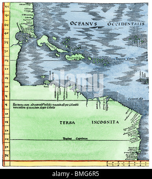 Tabula Terre Nove 1513: Admiral's Karte der Karibik und Terra Incognita (unbekanntes Land). Hand - farbige Holzschnitt Stockfoto