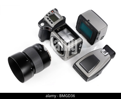 Hasselblad H3DII-39 Medium format Digitalkamera mit Digitalrückteil, Objektiv und Sucher losgelöst vom Kameragehäuse Stockfoto