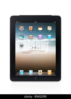 Apple iPad 3G Tablet mit Desktop-Symbole auf dem Display isoliert auf weißem Hintergrund mit Beschneidungspfad Stockfoto
