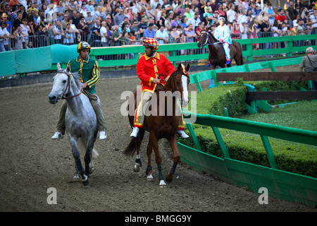 Pferderennen laufen am Palio Ferrara, Italien Stockfoto