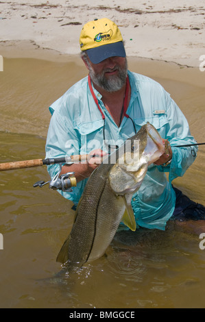 Inshore Angler hefts ein Riesen Snook gefangen in Florida Atlantic Intracoastal Waterway. Die Fische sind reichlich in der Indian River. Stockfoto