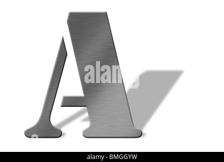 3D Aluminium Buchstaben des Alphabets. Isoliert mit Schatten auf weiß. Zahlen auch zur Verfügung. Stockfoto