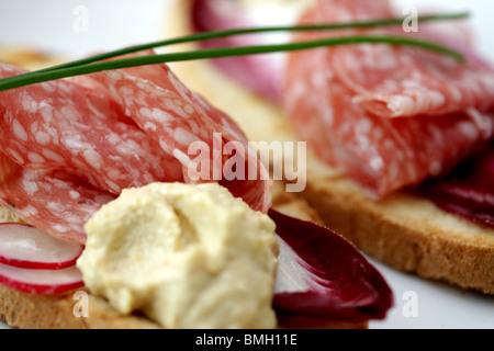 Milano Salami auf Bruschetta mit Houmous Stockfoto