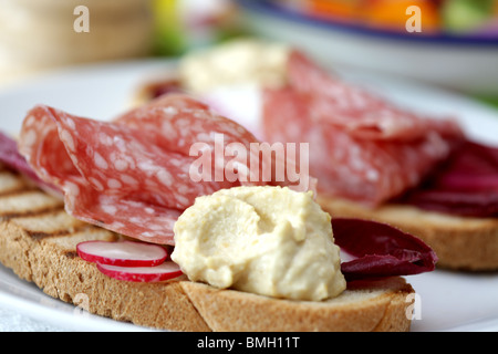 Milano Salami auf Bruschetta mit Houmous Stockfoto