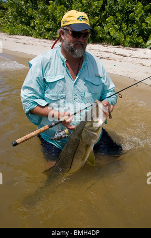 Inshore Angler hefts ein Riesen Snook gefangen in Florida Atlantic Intracoastal Waterway. Die Fische sind reichlich in der Indian River. Stockfoto