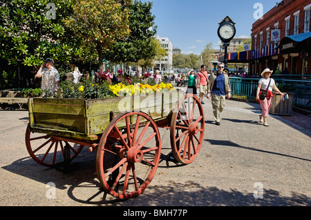 Touristen, die zu Fuß durch die Stadtmarkt in Savannah, Georgia Stockfoto