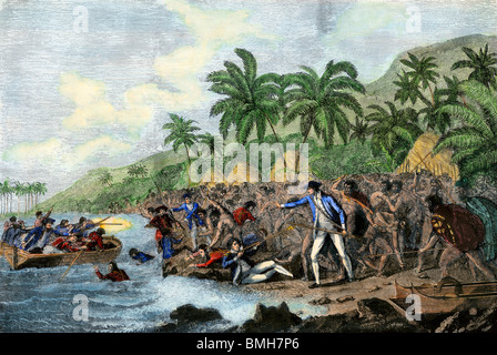 Tod von Englisch explorer Captain James Cook in den Sandwichinseln (Hawaii), 1779. Hand - farbige Holzschnitt Stockfoto