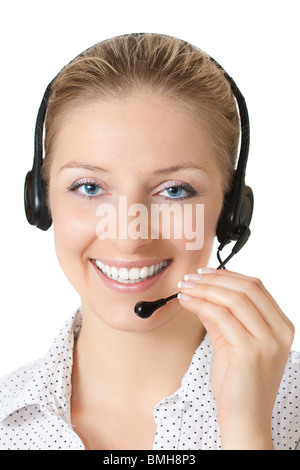 Lächelnde kaukasischen blonde Frau Berater mit Kopfhörer Stockfoto