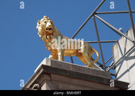 Die goldene Löwenstatue über dem Eingang zur Westtribüne, Allianz Stadium, Twickenham, Heimstadion des englischen Rugby International. Stockfoto