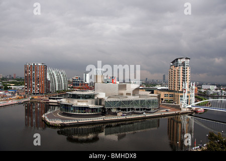 Blick vom Imperial War Museum North, über den Manchester Ship Canal, Lowry, die Millennium Bridge, Salford Quays, UK Stockfoto