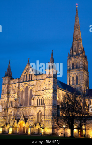 Ein Blick auf die Kathedrale von Salisbury nachts beleuchtet Stockfoto