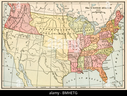 Karte der Vereinigten Staaten und unorganisierte öffentliche Grundstücke im Jahr 1825. Farblithographie Stockfoto