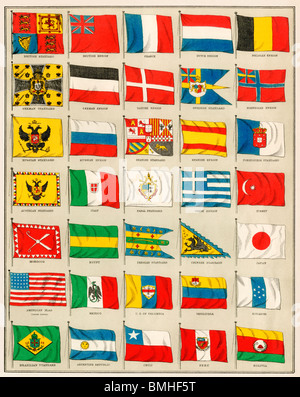 Flagge von 1880, einschließlich der asiatischen, europäischen, afrikanischen und südamerikanischen Ländern, USA. Farblithographie Stockfoto