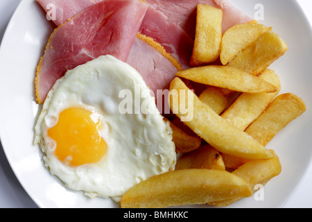 Ein frisch zubereitetes Spiegelei Sunny Side Up mit Schinken und Chips serviert auf einem Teller mit Keine Personen Stockfoto