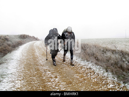 Compostela Cerca de Sahagun. Leon. España. CAMINO DE SANTIAGO. Pilgern in der Nähe von Sahagun. Leon. Spanien. JAKOBSWEG. Stockfoto