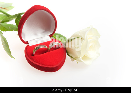 Zwei Trauringe in rotes Herz mit weißen Rose auf weißem Hintergrund Stockfoto