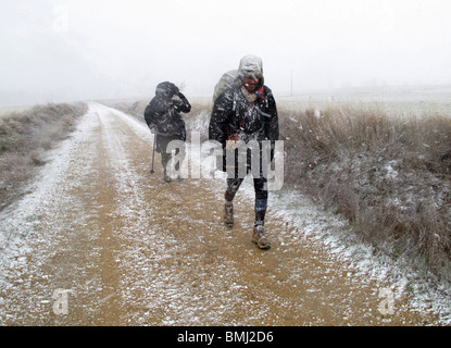 Compostela Cerca de Sahagun. Leon. España. CAMINO DE SANTIAGO. Pilgern in der Nähe von Sahagun. Leon. Spanien. JAKOBSWEG. Stockfoto