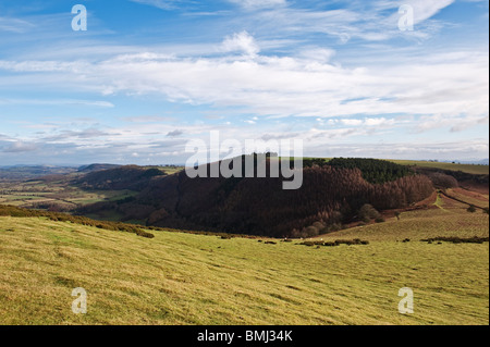 Blick von Harpton, Radnorshire, auf die walisischen Grenzen, Blick über Offa's Dyke zu den Shropshire Hügeln in der Ferne Stockfoto
