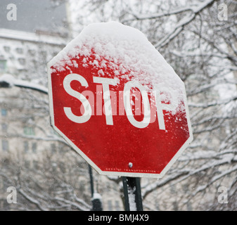 Schneebedeckte Stop-Schild Stockfoto