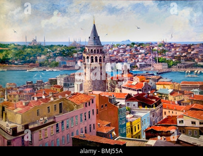 Istanbul Türkei Goldene Horn Galata Brücke am Wasser Turm Bosporus links Stockfoto