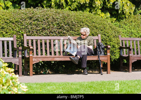 Golders Hill Park, ruhige ältere Dame oder Frau mit Sonnenbrille mit Stick liest Zeitung Daily Mail auf Bank in der Frühlingssonne Stockfoto