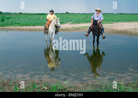 Pantanal Cowboys kommen durch einen Teich, Pantanal, Brasilien Stockfoto