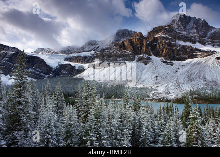 Mount Crowfoot & Crowfoot Glacier über Bow Lake im Schnee, Icefields Parkway, Banff Nationalpark, Alberta, Kanada Stockfoto