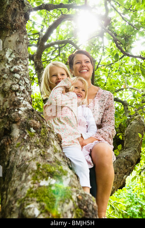 Mutter und zwei Töchter sitzen Baum Stockfoto