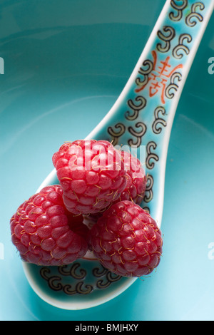 Himbeeren auf einem Türkis Teller, Schweden. Stockfoto
