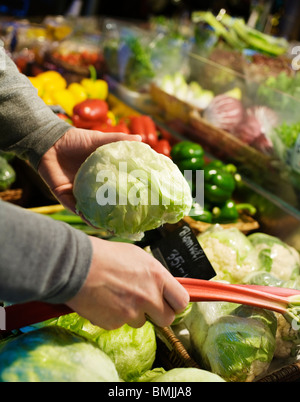 Skandinavien, Schweden, Stockholm, Person, die Auswahl von Gemüse im Markt, Nahaufnahme Stockfoto