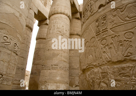 Ägypten, Luxor, Ostufer, Karnak-Tempel. Hieroglyphen bedeckt Spalten in der Säulenhalle. Stockfoto