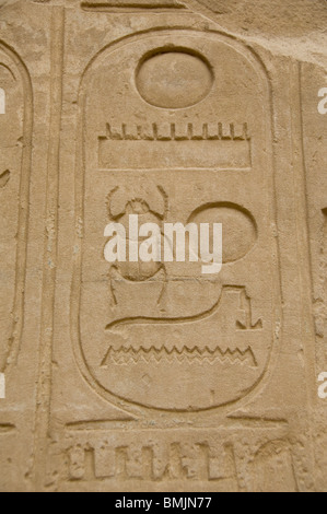 Ägypten, Luxor, Ostufer, Karnak-Tempel. Hieroglyphen-Detail. Stockfoto