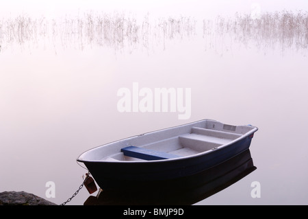 Skandinavien, Schweden, Vastergotland, Molnlycke, Blick auf Boot am nebligen See Stockfoto