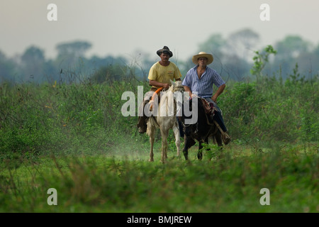 Pantanal Cowboys kommen durch einen Teich, Pantanal, Brasilien Stockfoto